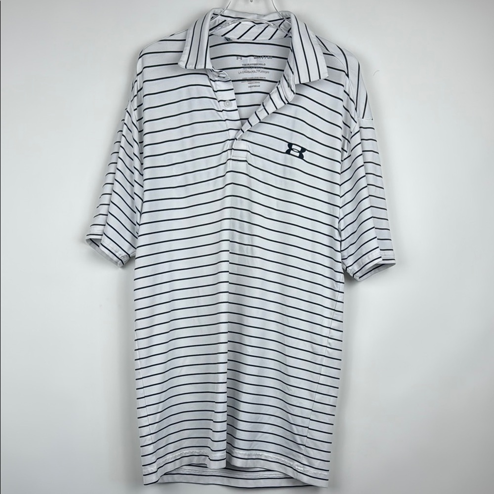 Under Armour Shirt Mens White Stripe Short Sleeve Playoff Polo Small